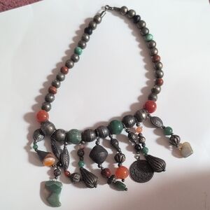 Artisan Beaded Necklace with Silver and Green Tones